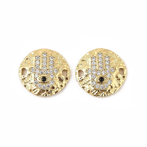 Brass Micro Pave Clear Cubic Zirconia Disc with Hamsa Hand Connector Charms KK-P300-24G-01-1