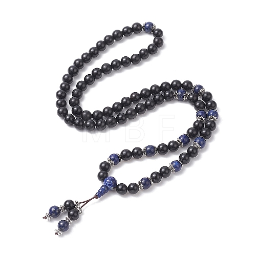Natural Lapis Lazuli & Wood Buddhist Necklace NJEW-JN04307-1