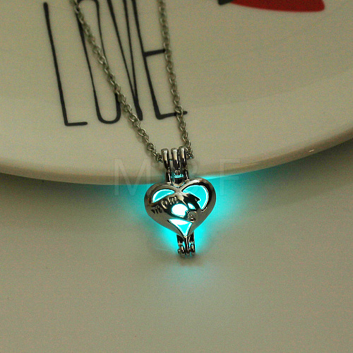 Alloy Heart with Word Mom Cage Pendant Necklace with Luminous Plastic Beads LUMI-PW0001-084P-01-1