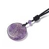 Natural Amethyst Flat Round with Tree of Life Pendant Necklace with Nylon Cord for Women NJEW-P274-03-02-3