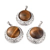 Natural Tiger Eye Pendants with Hollow Platinum Brass Findings G-P448-A15-P-1