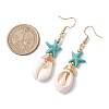 Starfish Brass with Synthetic Turquoise & Cowrie Shell Dangle Earrings EJEW-JE06141-01-3