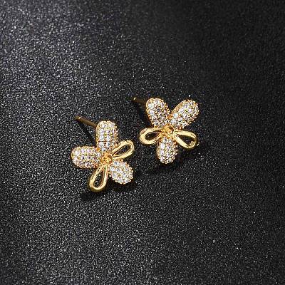 Brass Micro Pave Cubic Zirconia Stud Earrings Findings for Women EJEW-F418-13G-1