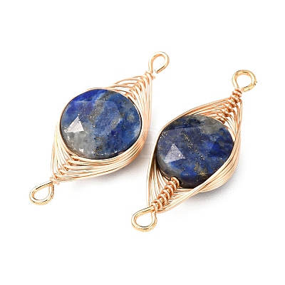 Natural Lapis Lazuli Faceted Hexagonal Cut Flat Round Links Connector Charms with Copper Herringbone Wire-Wrapped KK-Z152-07G-02-1