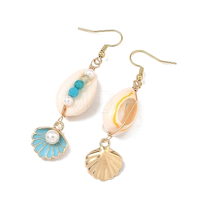 Natural Agate & Cultured Freshwater Pearl & Cowrie Shell Beads Dangle Earrings EJEW-JE07200-1