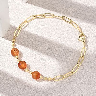 Natural Carnelian Faceted Flat Round Beaded Brass Paperclip Chain Bracelets GG-CBA37F5-02G-04-1