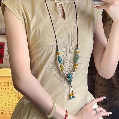 Alloy & Porcelain Beaded Barrel Tassel Pendant Long Bib Necklaces for Women WG23FEE-03-1