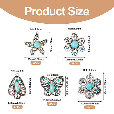 10Pcs 5 Styles Synthetic Turquoise Pendants TIBEP-TA0001-13-1