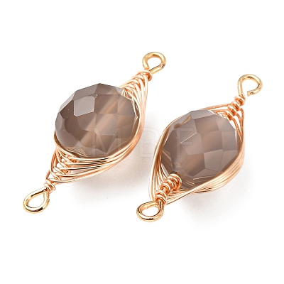 Natural Grey Agate Faceted Flat Round Links Connector Charms with Copper Herringbone Wire-Wrapped KK-Z152-09G-01-1