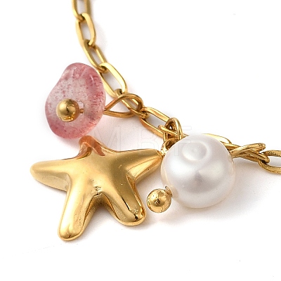 Cherry Quartz Glass & Fresheater Pearl & Starfish Charm Bracelets BJEW-K237-06G-02-1