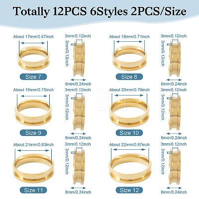 12Pcs 6 Size 201 Stainless Steel Grooved Finger Ring Settings RJEW-TA0001-05G-1