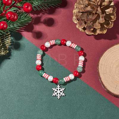 Natural Green Aventurine & Mashan Jade & Shell Pearl Stretch Bracelet with Christmas Snowflake Alloy Charm BJEW-TA00089-1