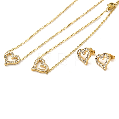 Heart 304 Stainless Steel Rhinestone Pendant Necklaces & Bracelets & Stud Earrings Sets for Women SJEW-C004-06G-1