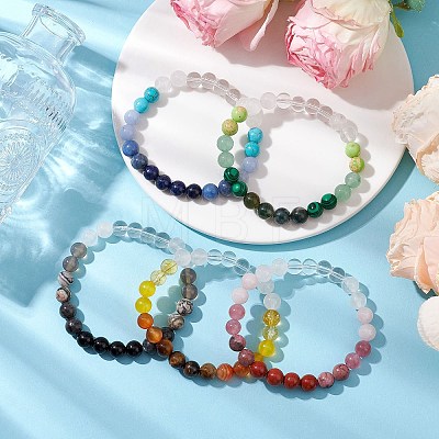 Natural & Synthetic Mixed Gemstone Round Beaded Stretch Bracelets for Women BJEW-JB11056-1