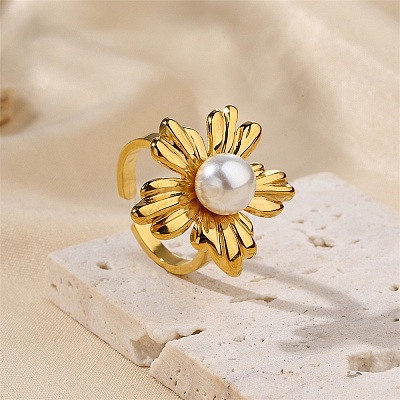 304 Stainless Steel & Plastic Pearl Cuff Open Rings for Women RJEW-G376-03G-1