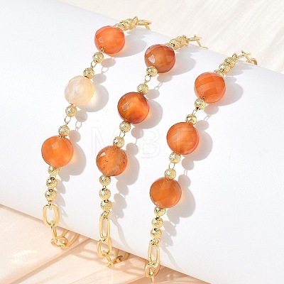Natural Carnelian Faceted Flat Round Beaded Brass Paperclip Chain Bracelets GG-CBA37F5-02G-04-1
