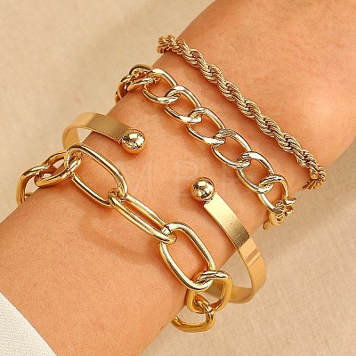 4Pcs 4 Style Light Gold Alloy Cuff Bangle and Chain Bracelet Sets PW-WG73165-06-1