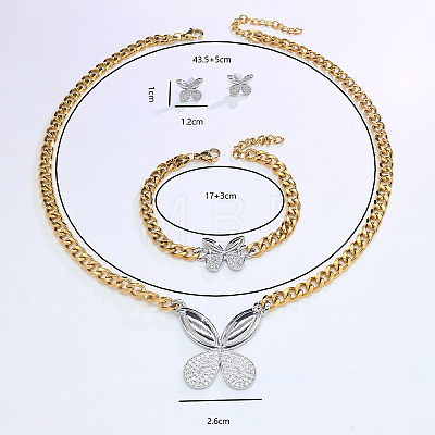 Women's Stainless Steel & Brass Micro Pave Cubic Zirconia Link Bracelets & Stud Earrings & Pendant Necklaces Sets HK0895-2-1