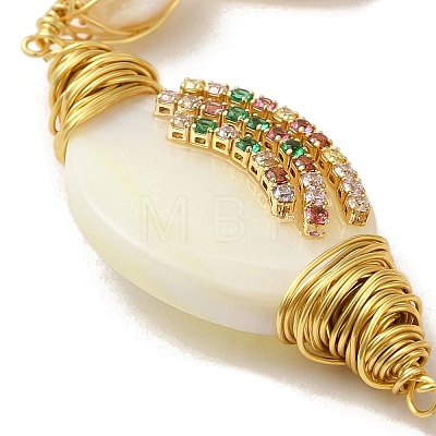 Oval Natural Pearl & Shell Link Bracelet with Colorful Rhinestone BJEW-C051-15G-1