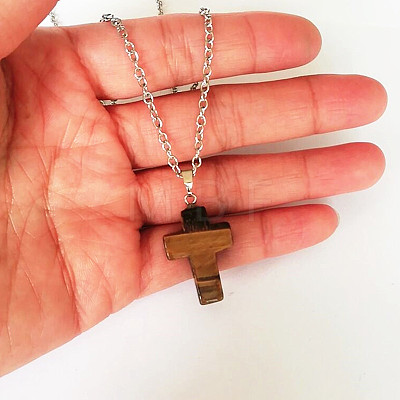 Synthetic Tiger Eye Cross Pendant Necklace FS-WGC9DE4-04-1-1
