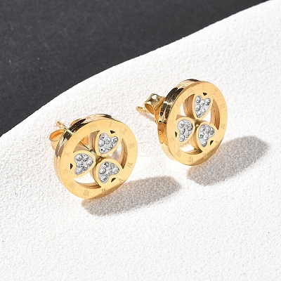 Ring with Clover 304 Stainless Steel Polymer Clay Rhinestones Stud Earrings EJEW-G453-04G-1