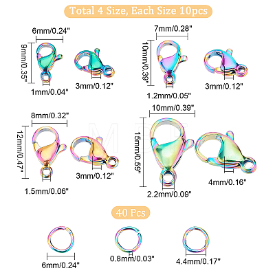  40Pcs 4 Styles Ion Plating(IP) Rainbow Color 304 Stainless Steel Lobster Claw Clasps STAS-NB0001-34-1