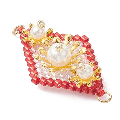 Imitation Pearl & Glass Seed Beaded Floral Rhombus Links Connector Charms PALLOY-MZ01182-02-1