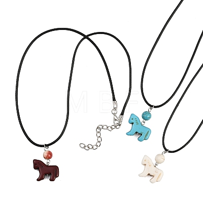 3Pcs 3 Styles Dyed Synthetic Turquoise Horse Pendant Black Waxed Cord Necklaces NJEW-JN05430-1