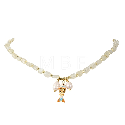 Brass Enamel Fish and Natural Pearl Rice Pendant Natural White Moonstone Nuggets Beaded Necklaces for Women NJEW-JN06357-01-1
