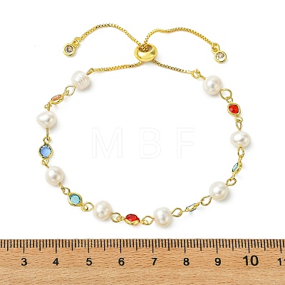 Adjustable Brass & Glass & Natural Cultured Freshwater Pearl Beads Slider Bracelets BJEW-JB14109-1