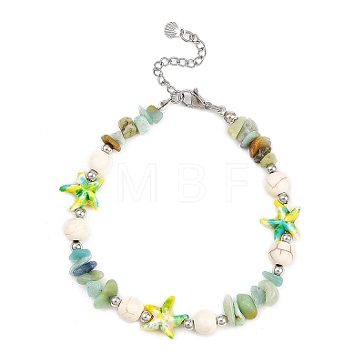 Dyed Synthetic Turquoise Starfish & Natural Flower Amazonite Chip Beaded Anklets with 304 Stainless Steel End Chains AJEW-AN00733-03-1
