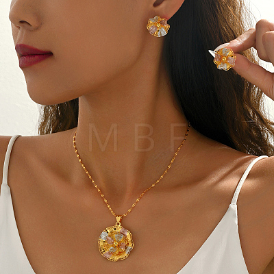 Vintage Brass Flower Stud Earrings & Pendant Necklaces Sets for Women EL3968-1