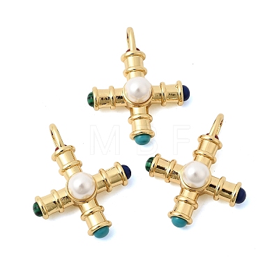 Brass with Synthetic Malachite & Turquoise and ABS Plastic Pearl Pendants X-KK-L267-02G-1