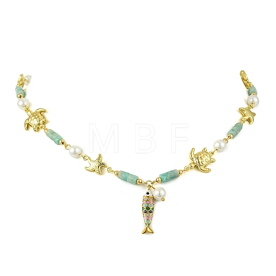 304 Stainless Steel Enamel & Shell Pearl & Natural Amazonite Pendant Necklaces NJEW-JN06621-1