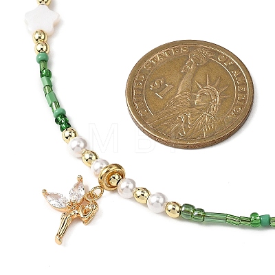 Brass Pave Clear Cubic Zirconia Fairy Pendant Round Shell Pearl & Flower Natural Freshwater Shell & Glass Seed Beaded Necklaces for Women NJEW-JN05643-1