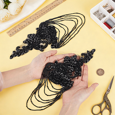 Glass Seed & Rhinestone Beaded Fringe Embroidery Applique Patch DIY-WH0780-20B-1
