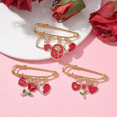 3Pcs 3 Style Valentine's Day Heart/Rose Alloy Enamel Charms Safety Pin Brooch JEWB-BR00134-1