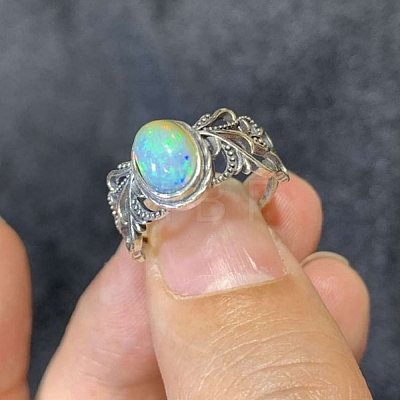 Adjustable Opal with 925 Sterling Silver Cuff Open Rings RJEW-C155-02-1