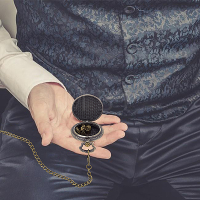 Vintage Alloy Flat Round Dragon Eye Pocket Watch with Brass Curb Chain AJEW-PH0007-67AB-1