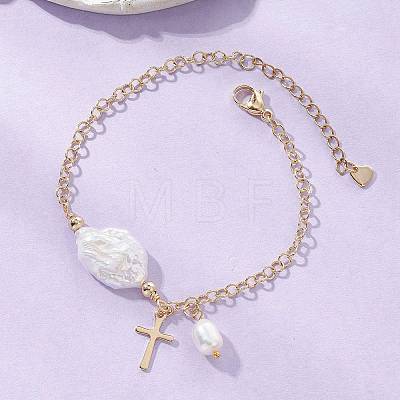 201 Stainless Steel & Natural Cultured Freshwater Pearl Charm Bracelets BJEW-JB13659-1