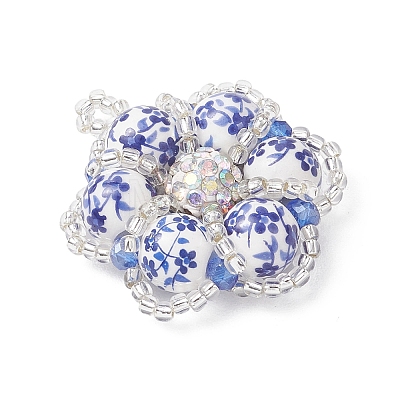 Handmade Blue and White Floral Printed Porcelain Bead Flower Pendants PALLOY-MZ01189-1