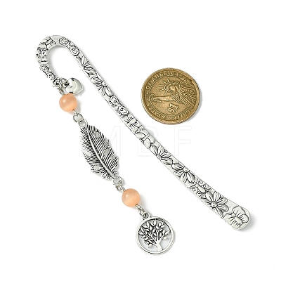 Tree of Life Feather Tibetan Style Alloy Pendant Bookmark with Cat Eye AJEW-JK00277-06-1