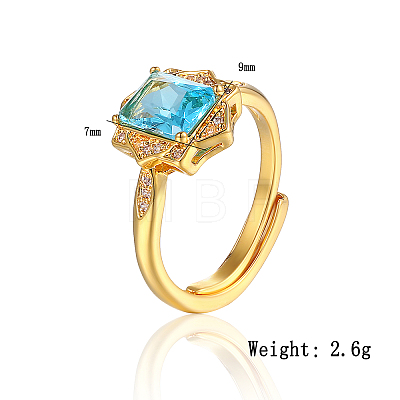 Rectangle Brass Micro Pave Deep Sky Blue Cubic Zirconia Adjustable Rings for Women JY9197-1