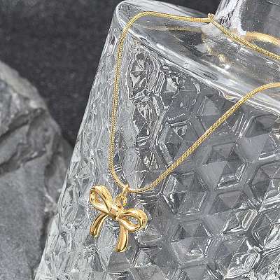 PVD Vacuum Plating 304 Stainless Steel Bowknot Pendant Round Snake Chain Necklaces for Women NJEW-Z044-11G-1