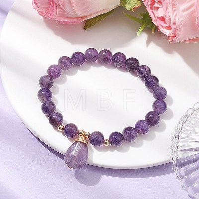 Natural Amethyst Stretch Bracelets with Teardrop Charms for Women BJEW-JB10110-05-1