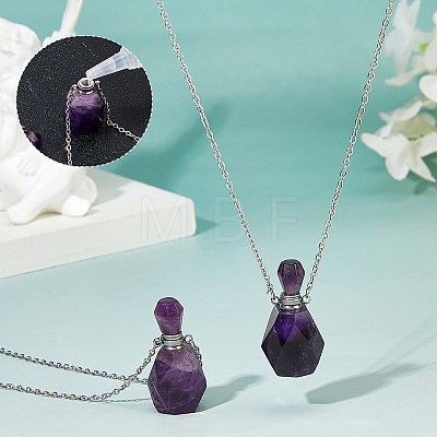Natural Amethyst Faceted Perfume Bottle Pendant 304 Stainless Steel Cable Chain Necklaces NJEW-WH0002-268B-1