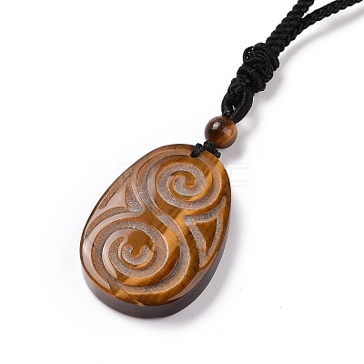 Adjustable Natural Tiger Eye Teardrop with Spiral Pendant Necklace with Nylon Cord for Women NJEW-L171-04A-1