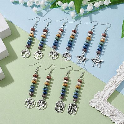 Colorful Natural Dyed Lava Rock Disc Beaded Dangle Earrings EJEW-JE05617-1