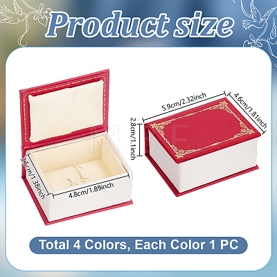 4Pcs 4 Colors Vintage Book-Shaped Cardboard Jewelry Ring Boxes with Magnetic Lid and Sheepskin Leather Inside CON-PH0003-75-1