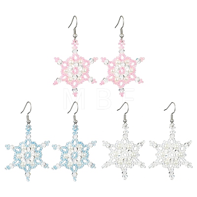 3Pairs 3 Colors Christmas Snowflake Glass Seed Braided Dangle Earrings EJEW-MZ00236-1